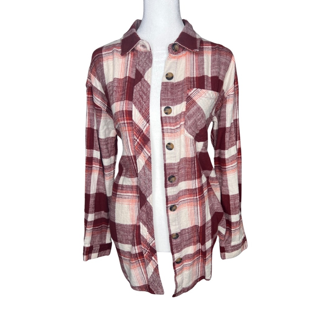 Maurices Burgundy & Cream Plaid Flannel Button-Up Shirt Jacket XS